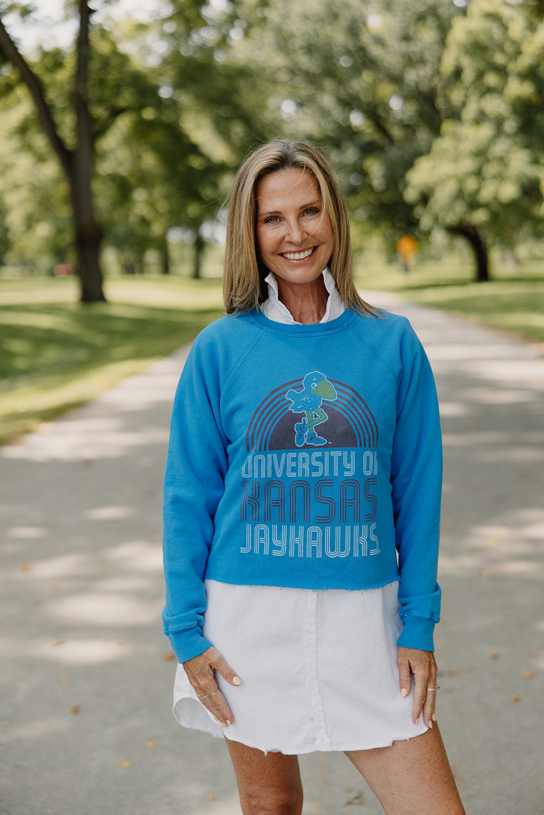 Retro x Blond Genius - KU Kansas Jay Hawks Vintage French Terry Cut Hem Sweatshirt in Royal