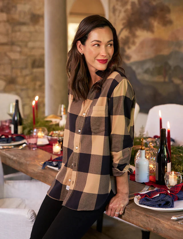 Frank & Eileen Joedy Boyfriend Button-Up Flannel in Large Tan & Black Checker Tops