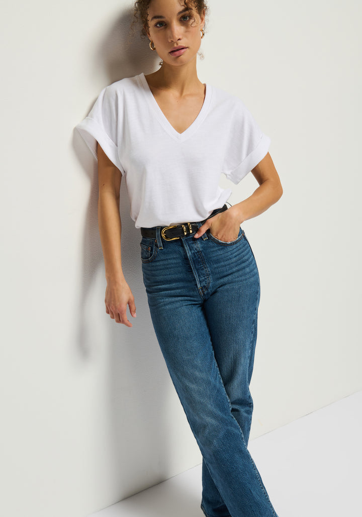 NATION LTD - Stevie Cuffed V-Neck in Optic White T-Shirts
