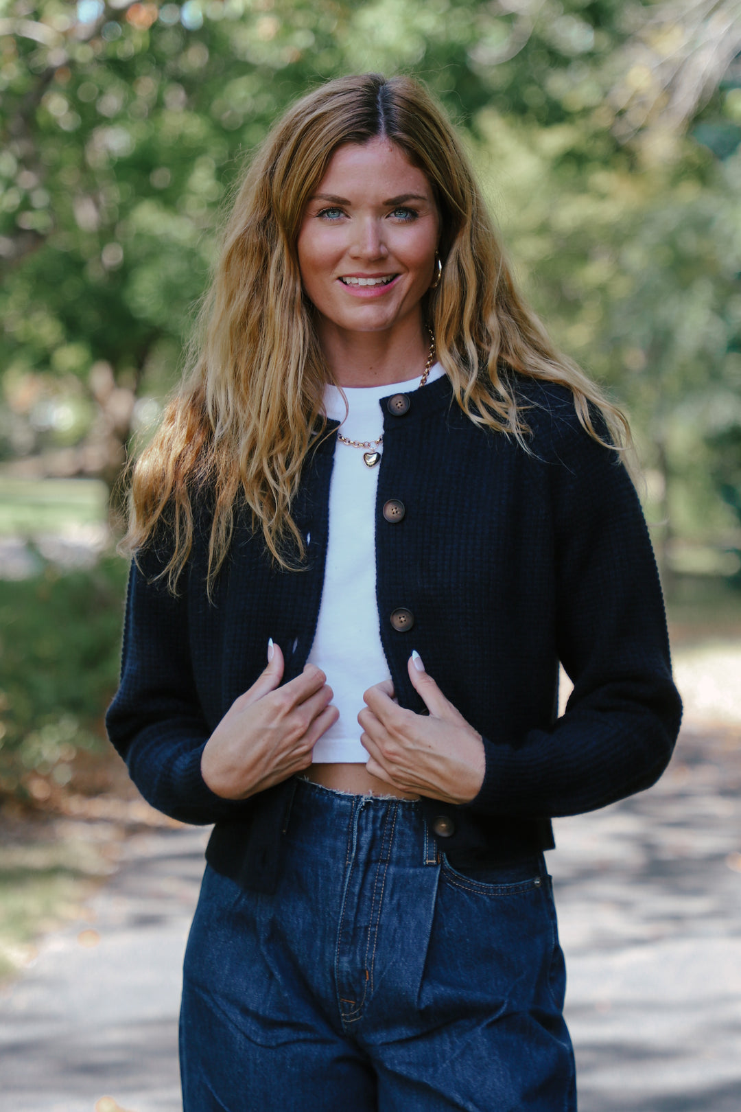 Tenlea Hunter - Cashmere Waffle Crewneck Cardigan in Deep Navy Clothing - Sweaters