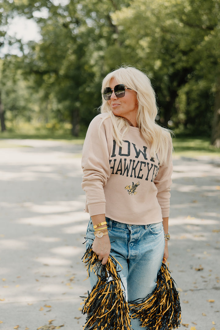 Retro Brand x Blond Genius - Iowa Hawkeyes French Terry Cut Hem Sweatshirt in Washed Camel