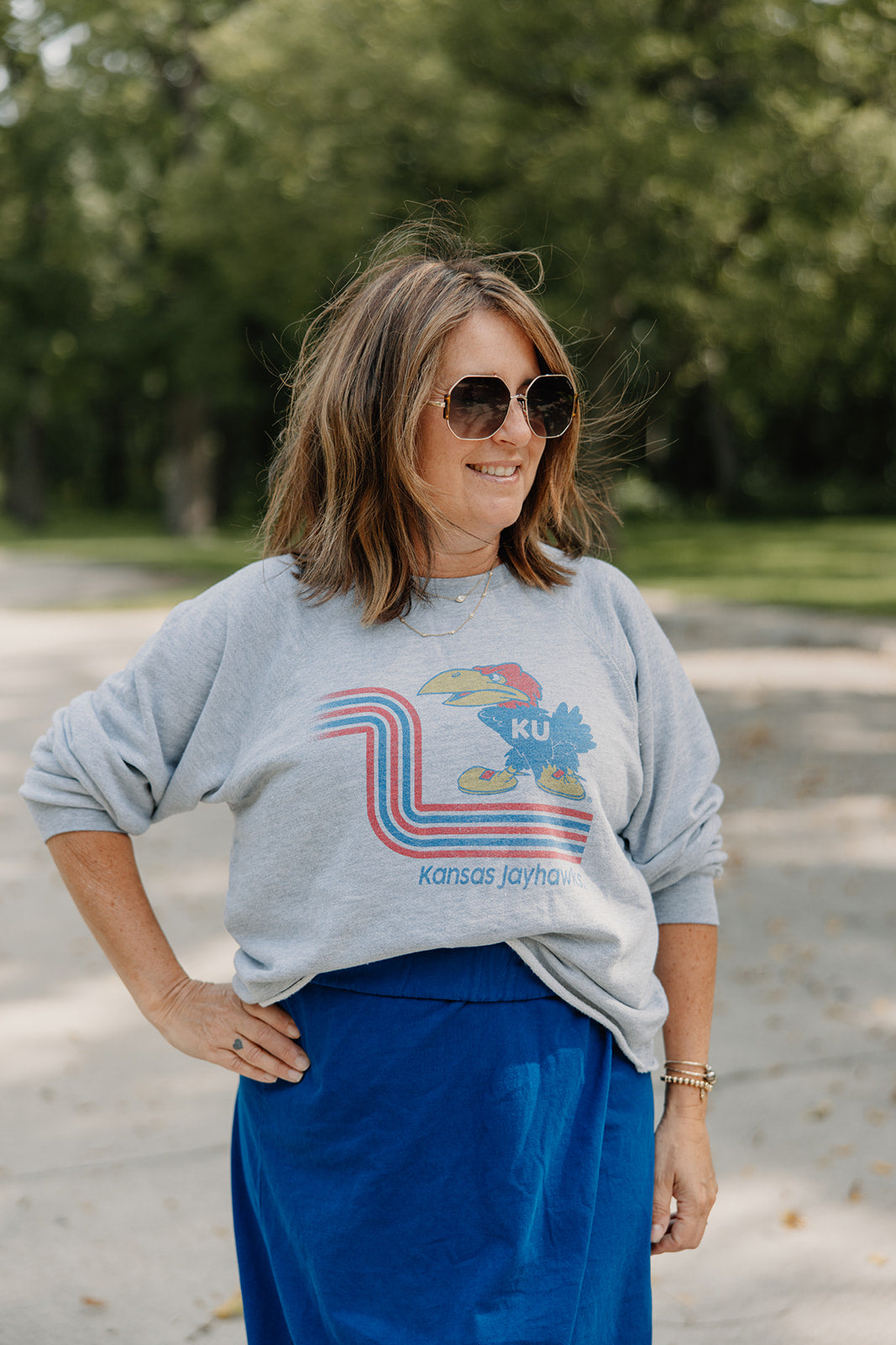 Retro x Blond Genius - KU Kansas Jay Hawks Vintage French Terry Cut Hem Sweatshirt in Heather Grey