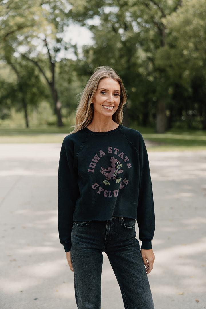 Retro x Blond Genius - ISU Iowa State Cyclones Vintage French Terry Cut Hem Sweatshirt in Washed Black