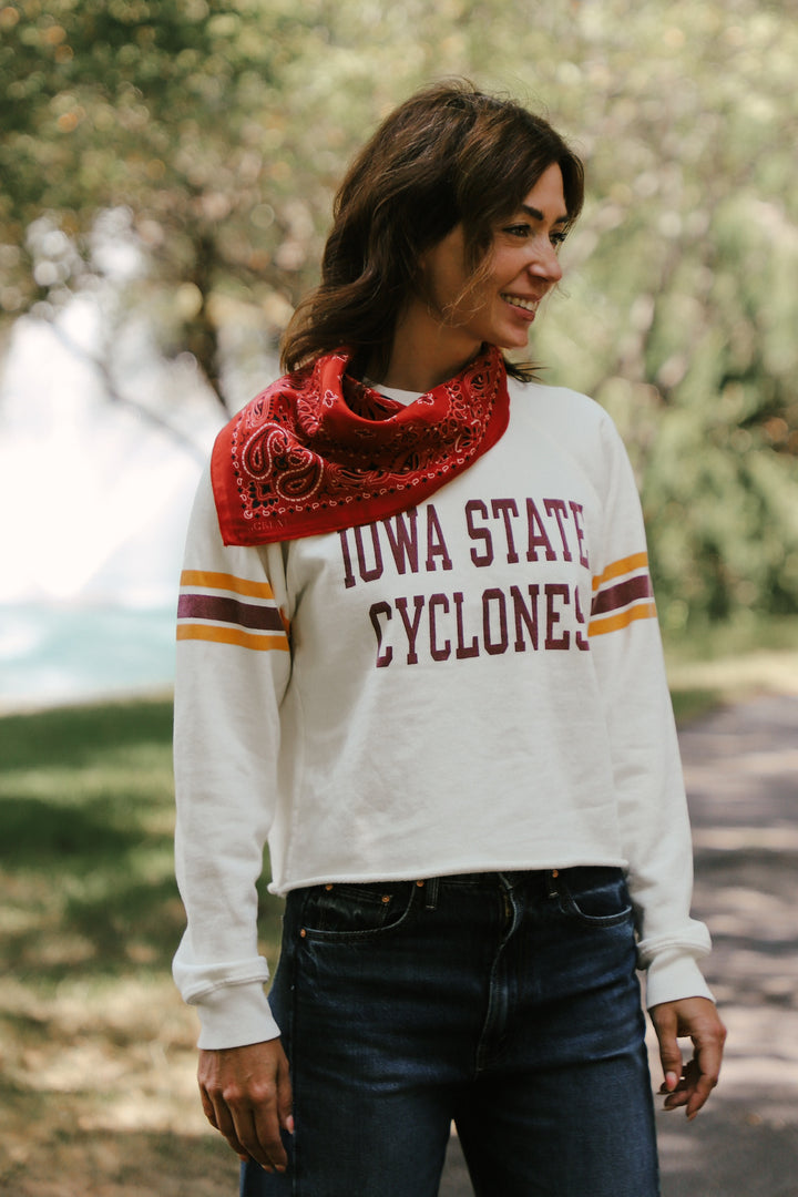 Iowa State Cut-Hem Striped Sleeve Sweatshirt (BL932-BLISU2194-AWH)
