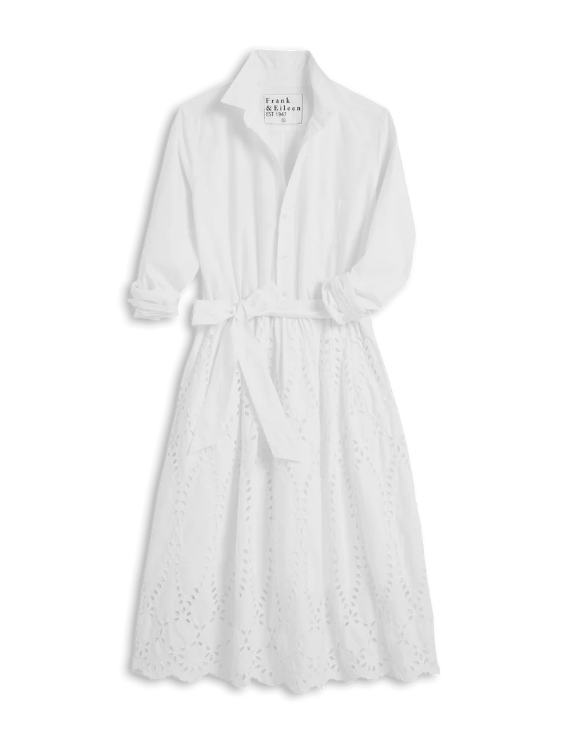 knee length dresses for ladies Maelis White Cotton Eyelet Drop Waist Midi Dress