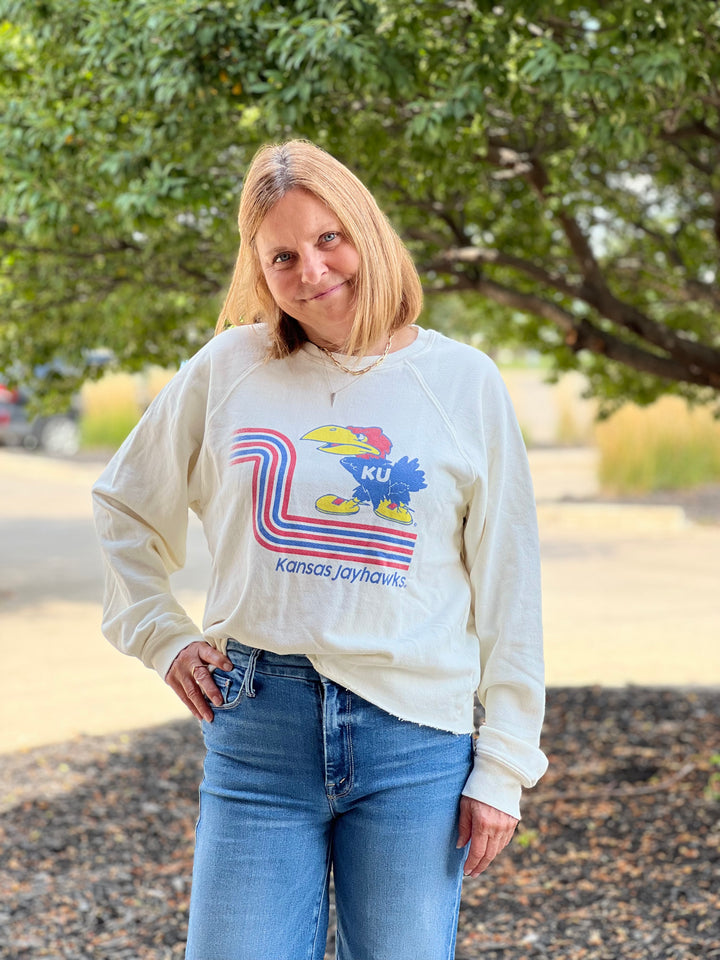 Retro x Blond Genius - KU Kansas Jay Hawks French Terry Cut Hem Sweatshirt in Antique White