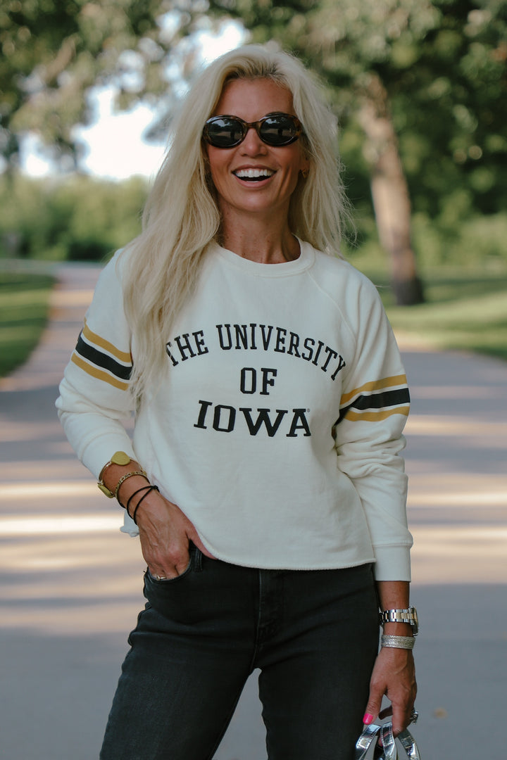 Iowa Cut-Hem Stripe Sleeve Sweatshirt in Antique White (BL932-BLIWA2196A-AWH)