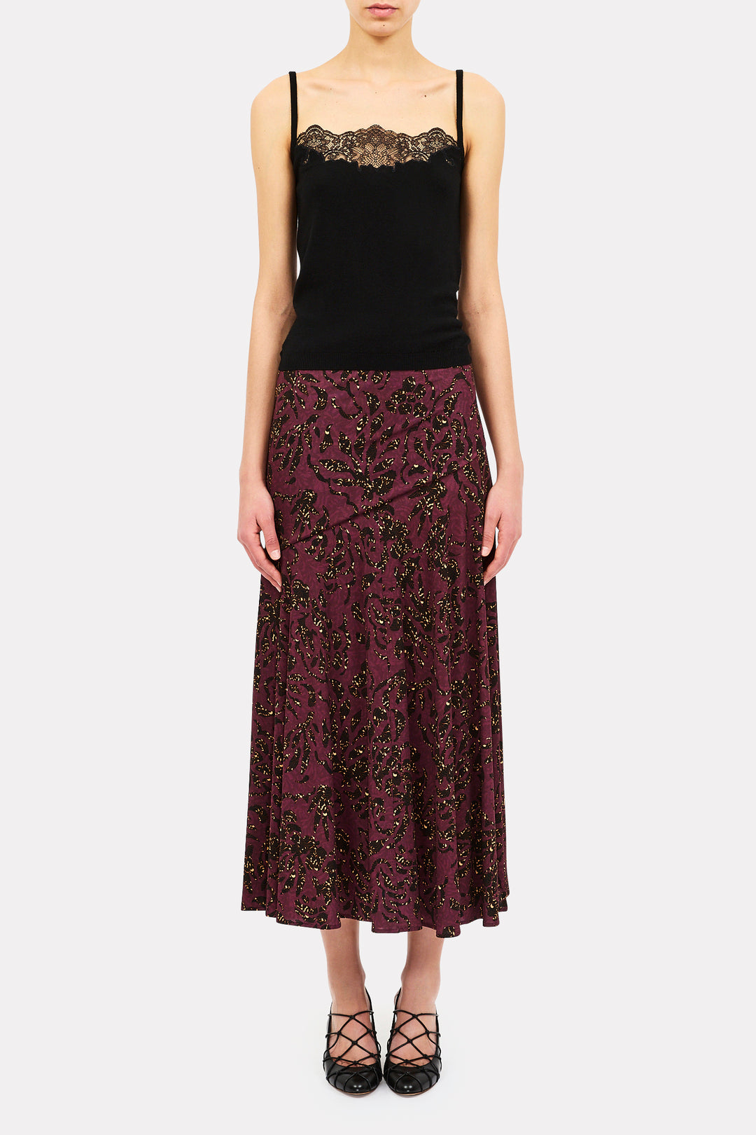 ULLA JOHNSON - Fiona Jersey Skirt in CLARET FLORAL CUT AND SEW