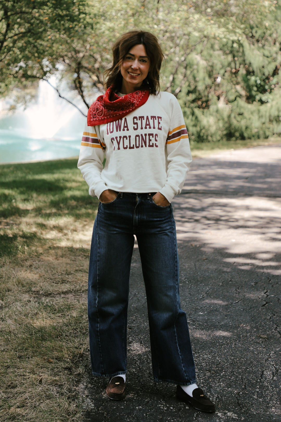 Iowa State Cut-Hem Striped Sleeve Sweatshirt (BL932-BLISU2194-AWH)