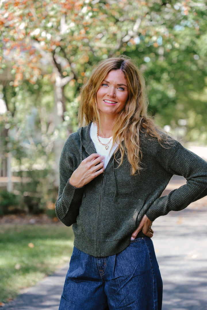 Tenlea Hunter - Cashmere Waffle Zip Hoodie in Thyme Heather
