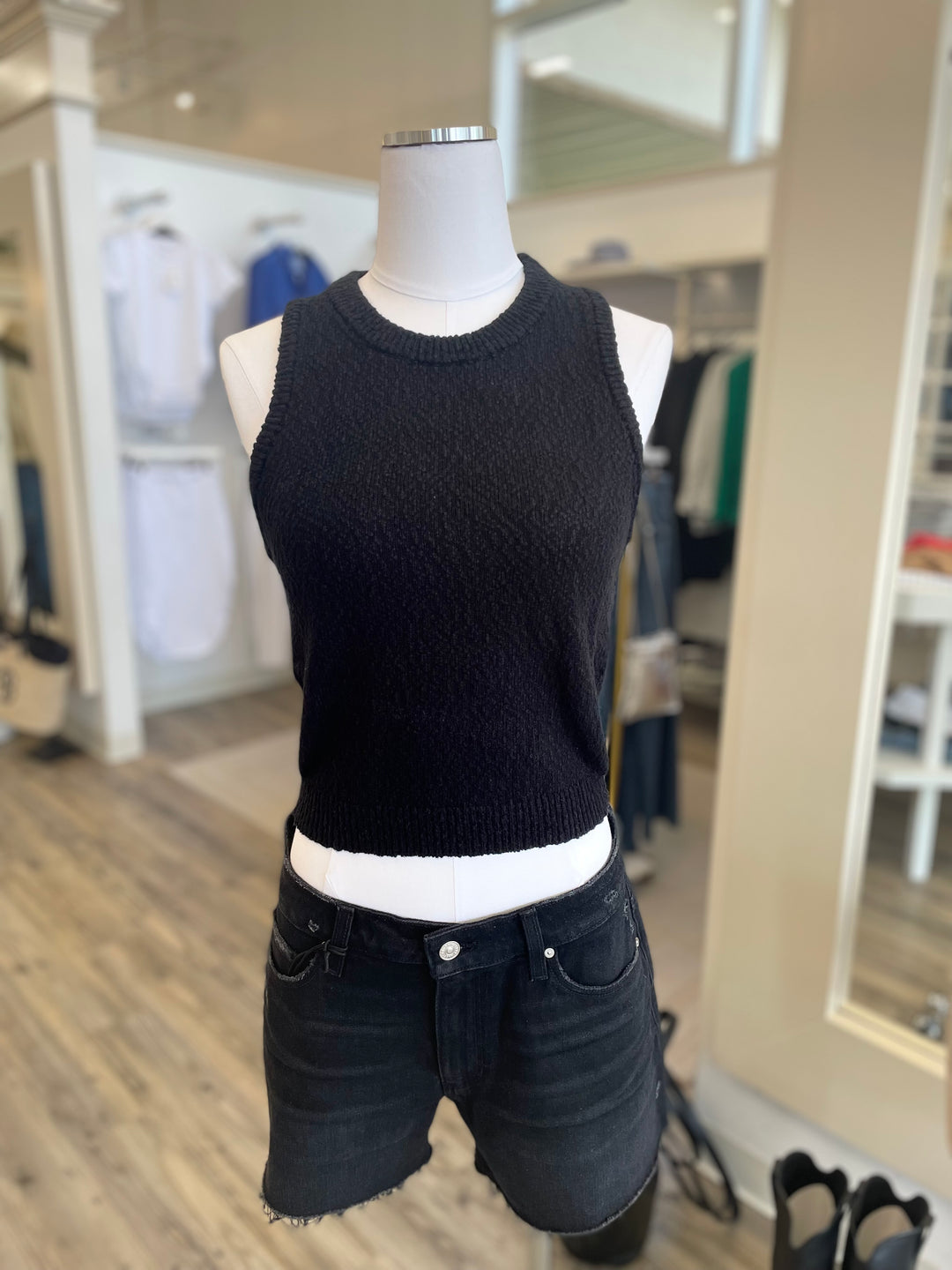 White + Warren - Cotton Slub Rib Trim Tank Top in Black