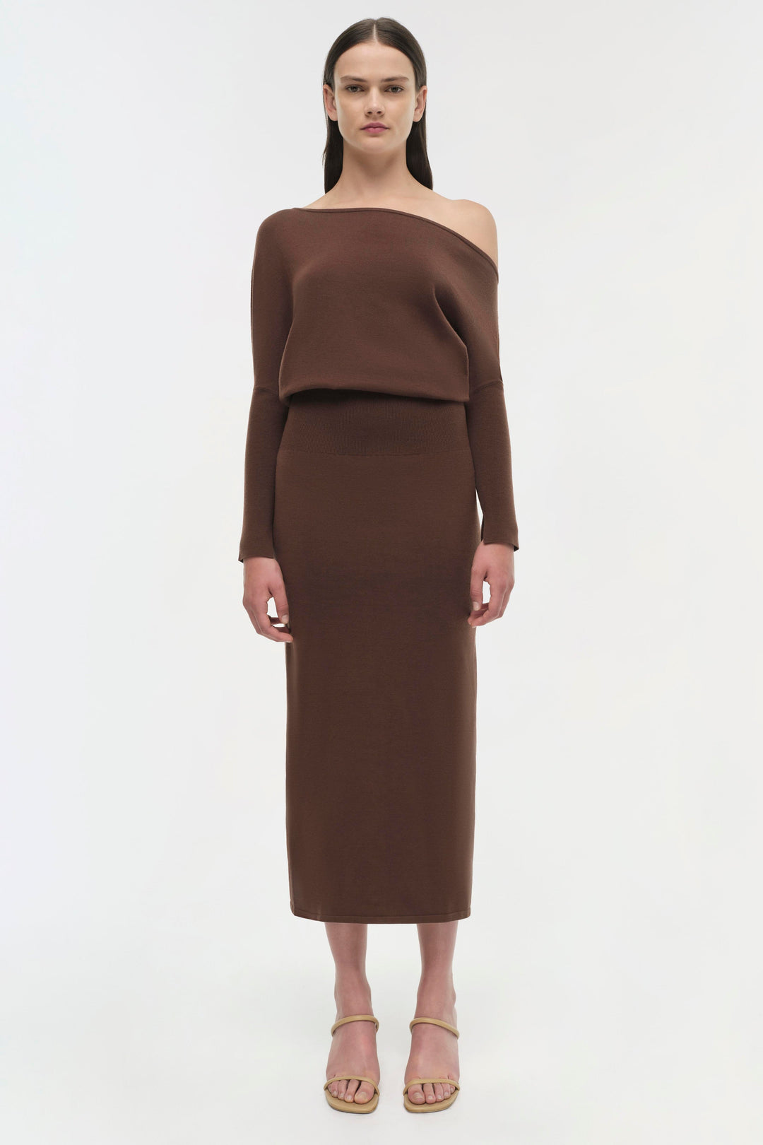 SIMKHAI - Janese Off Shoulder Midi Dress in Chocolate