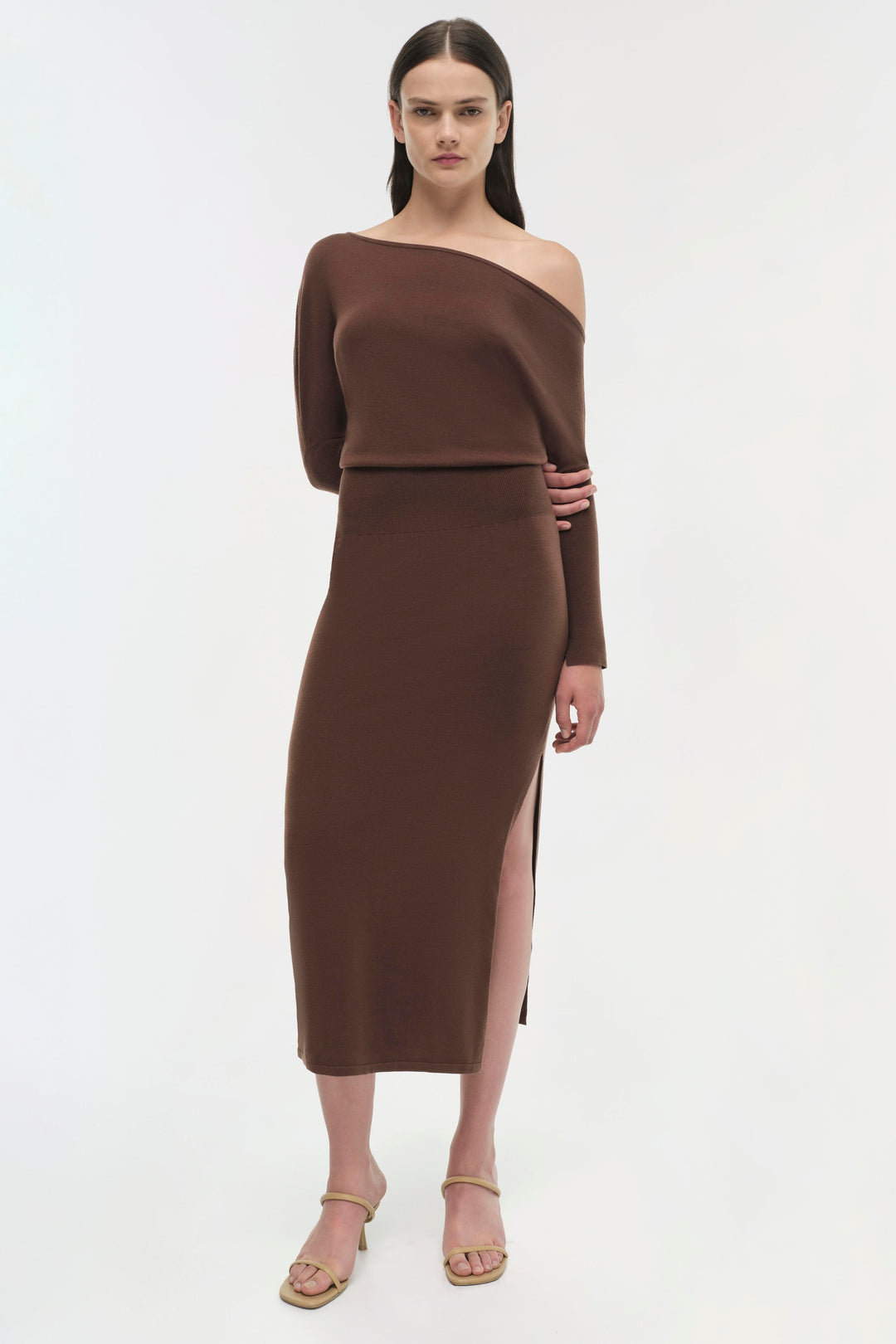 SIMKHAI - Janese Off Shoulder Midi Dress in Chocolate