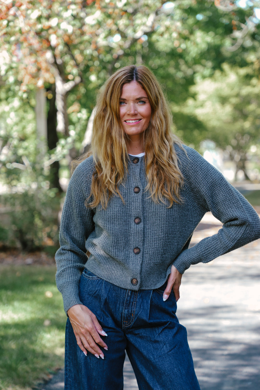 Tenlea Hunter - Cashmere Waffle Crewneck Cardigan in Graphite Heather Clothing - Sweaters