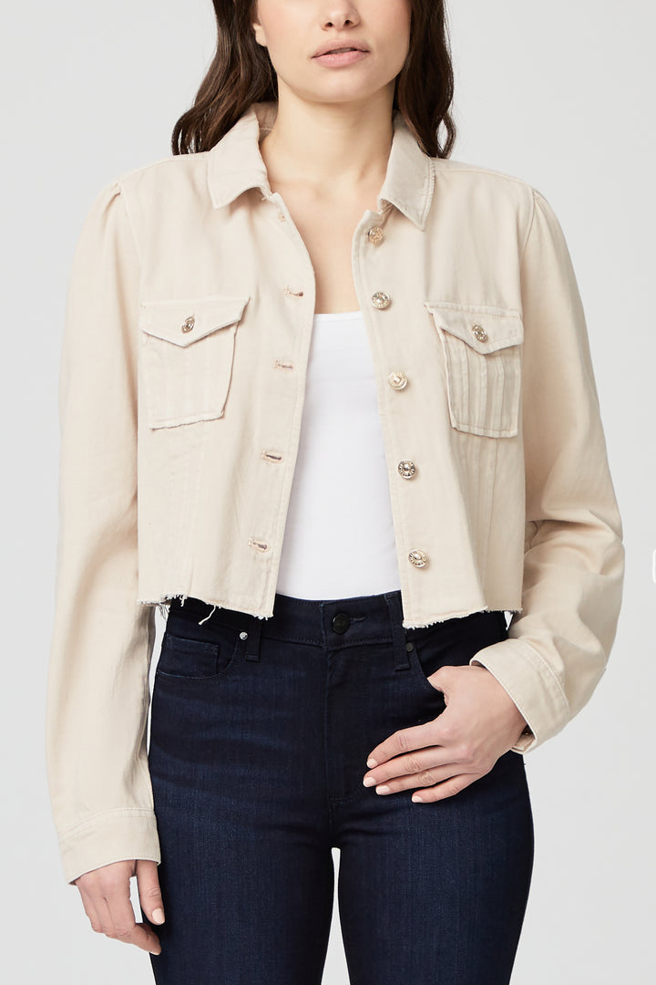 Paige Premium Denim - Cropped Pacey Denim Jacket w/ Raw Hem in Soft Beige