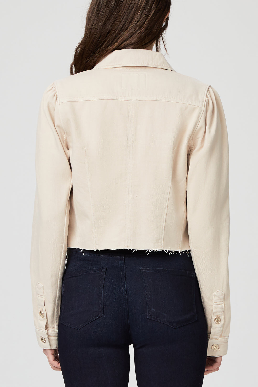 Paige Premium Denim - Cropped Pacey Denim Jacket w/ Raw Hem in Soft Beige