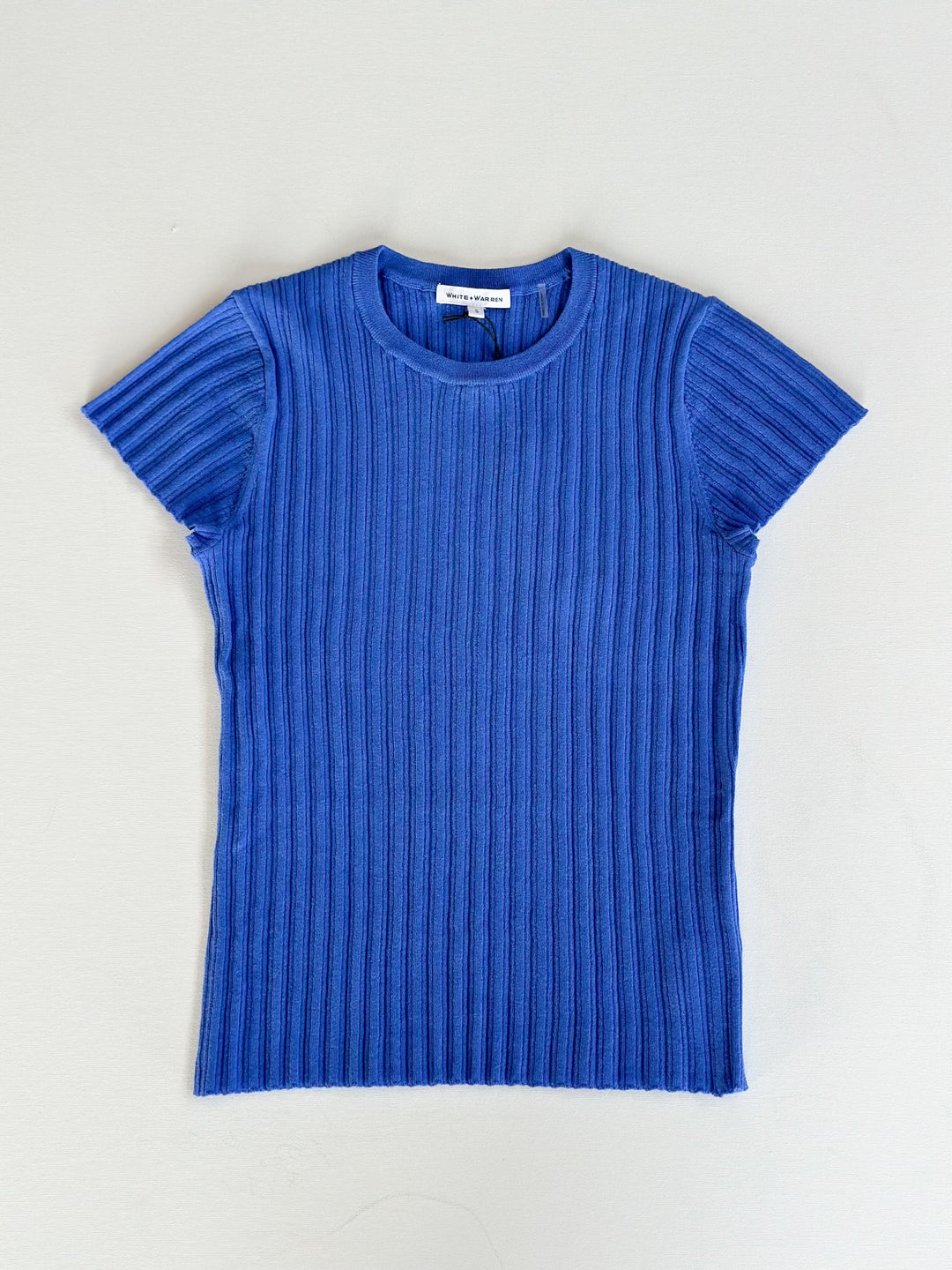 White + Warren - Linen Gauze Variegated Ribbed T-Shirt in Blue Marina