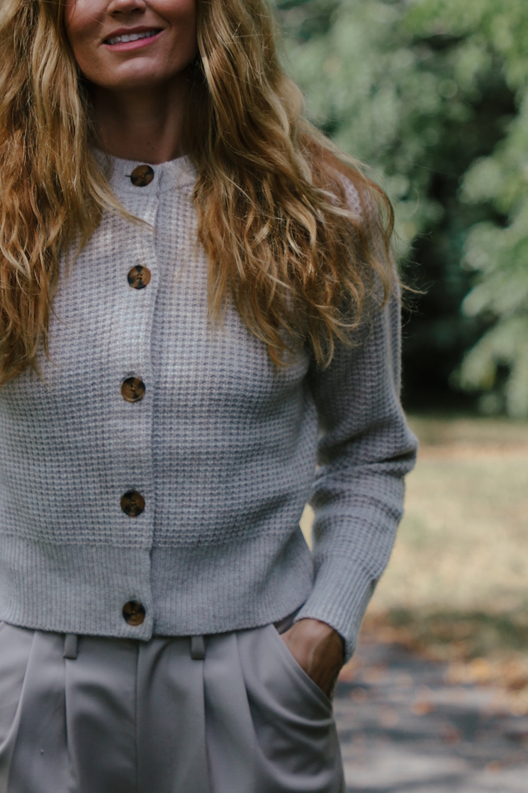 Tenlea Hunter Cashmere Waffle Crewneck Cardigan in Sandwisp Heather