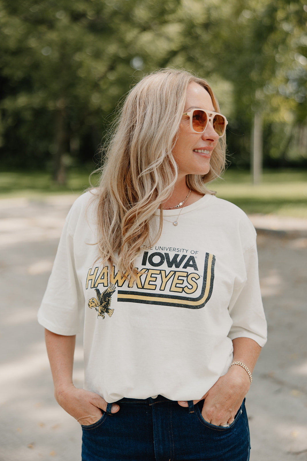 Retro Brand x Blond Genius - Iowa Hawkeyes and Hawk Drop Shoulder Tee in Antique White