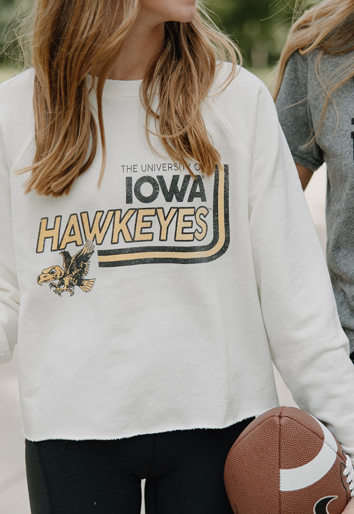 Retro Brand x Blond Genius - Iowa Hawkeyes Old School French Terry Cut Hem Sweatshirt in Antique White