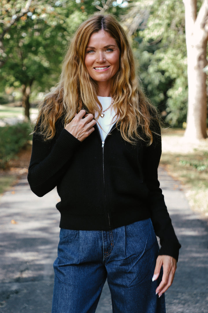Tenlea Hunter - Cashmere Waffle Zip Hoodie in Black