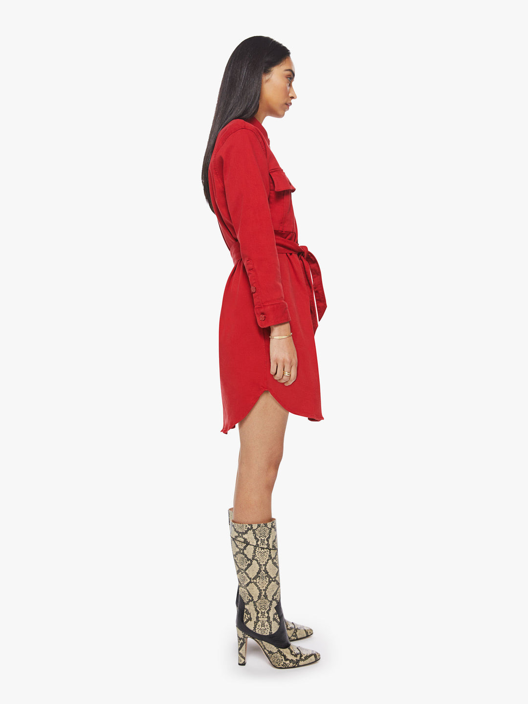 mini red shirt dress Tolu Coker Paneled Topstitched Denim Mini Shirt Dress - Women - Red Dresses
