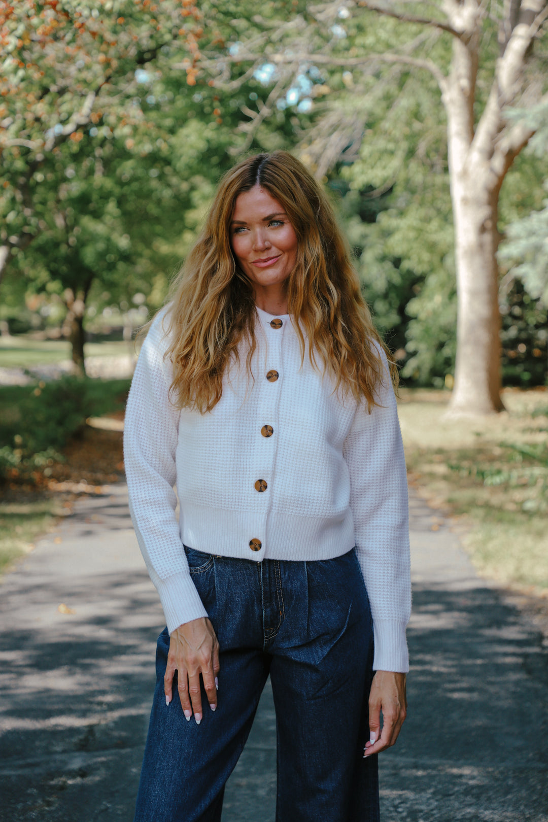 Tenlea Hunter - Cashmere Waffle Crewneck Cardigan in Soft White Clothing - Sweaters