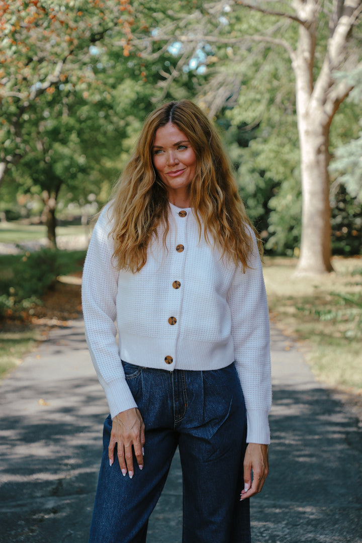 Tenlea Hunter - Cashmere Waffle Crewneck Cardigan in Soft White Clothing - Sweaters