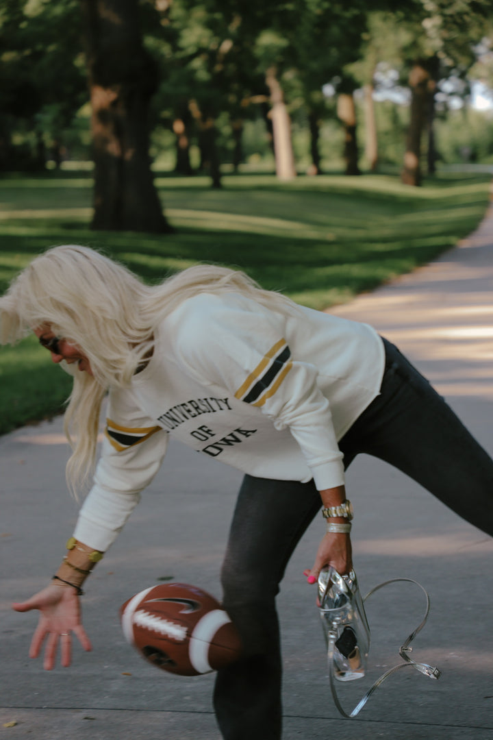Iowa Cut-Hem Stripe Sleeve Sweatshirt in Antique White (BL932-BLIWA2196A-AWH)