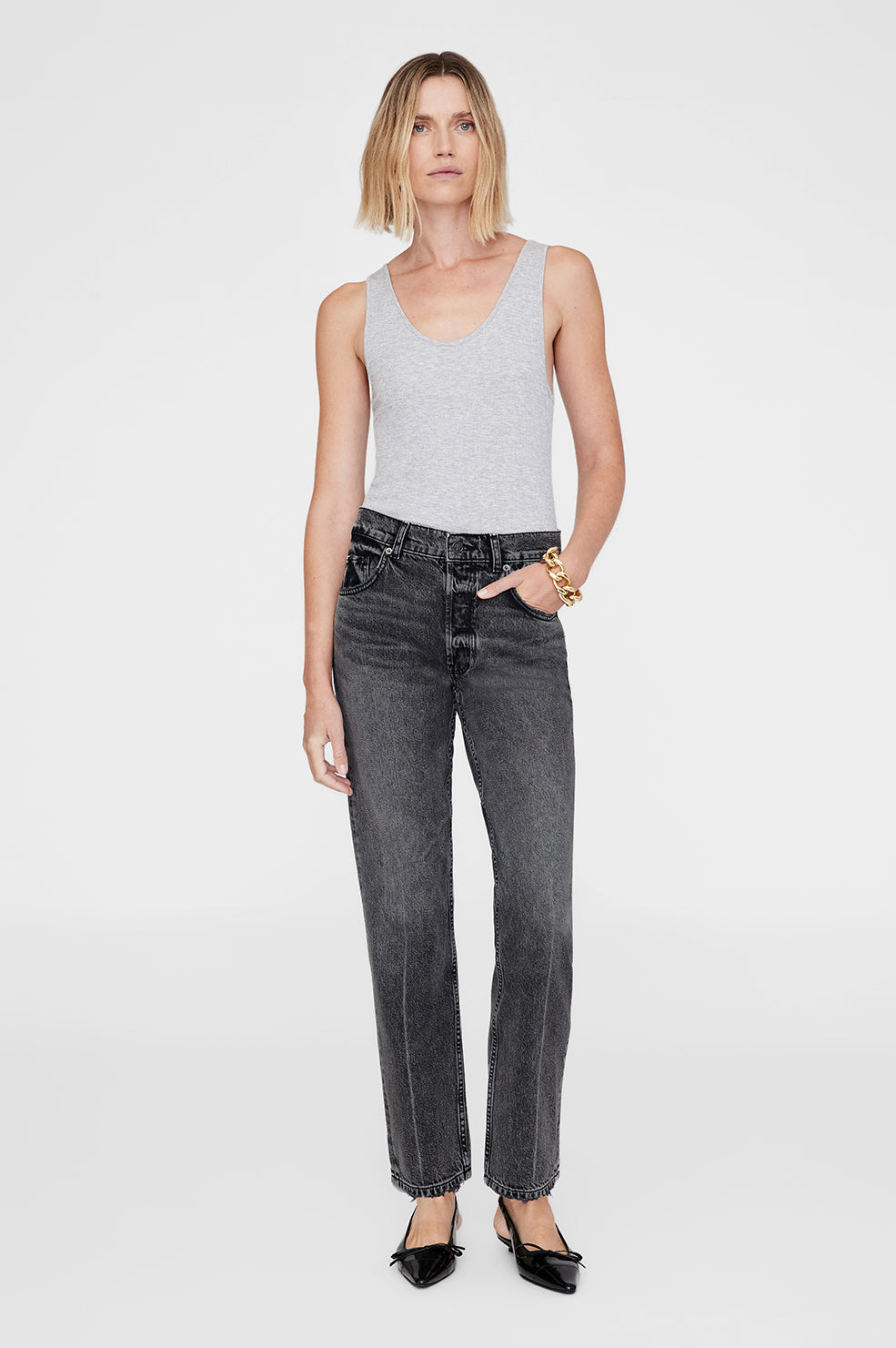 Anine Bing - Kate High Rise Slim Straight Jeans in Steel Grey