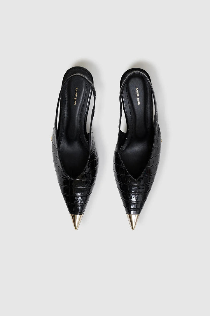 Anine Bing - Nina Heels with Metal Toe Cap in Embossed Black