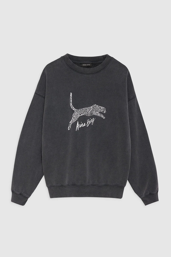 Anine Bing - Spencer Sweatshirt Spotted Leopard in Washed Black Tops
