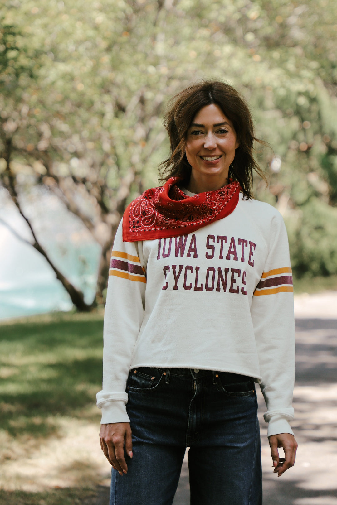 Iowa State Cut-Hem Striped Sleeve Sweatshirt (BL932-BLISU2194-AWH)