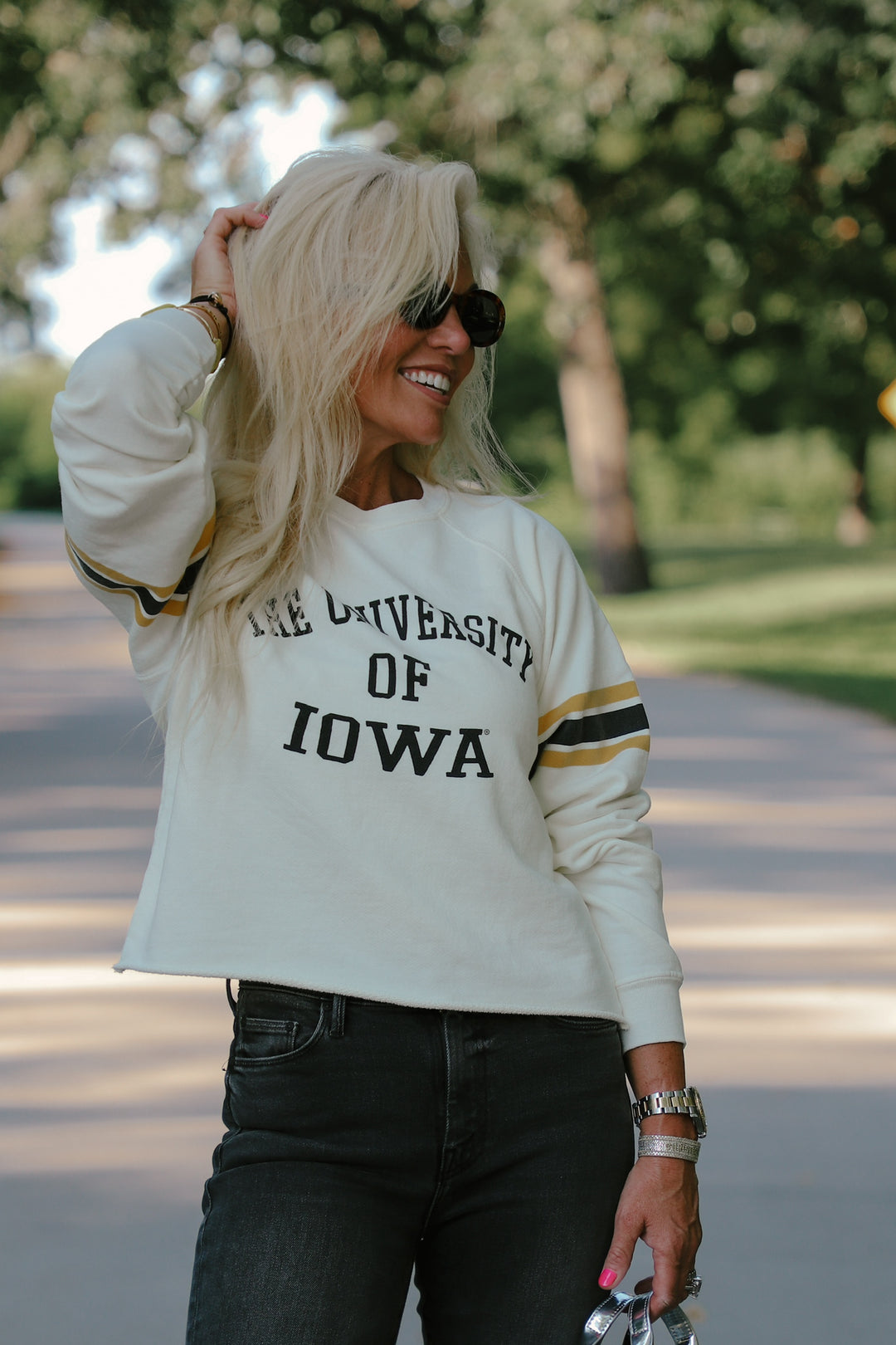 Iowa Cut-Hem Stripe Sleeve Sweatshirt in Antique White (BL932-BLIWA2196A-AWH)