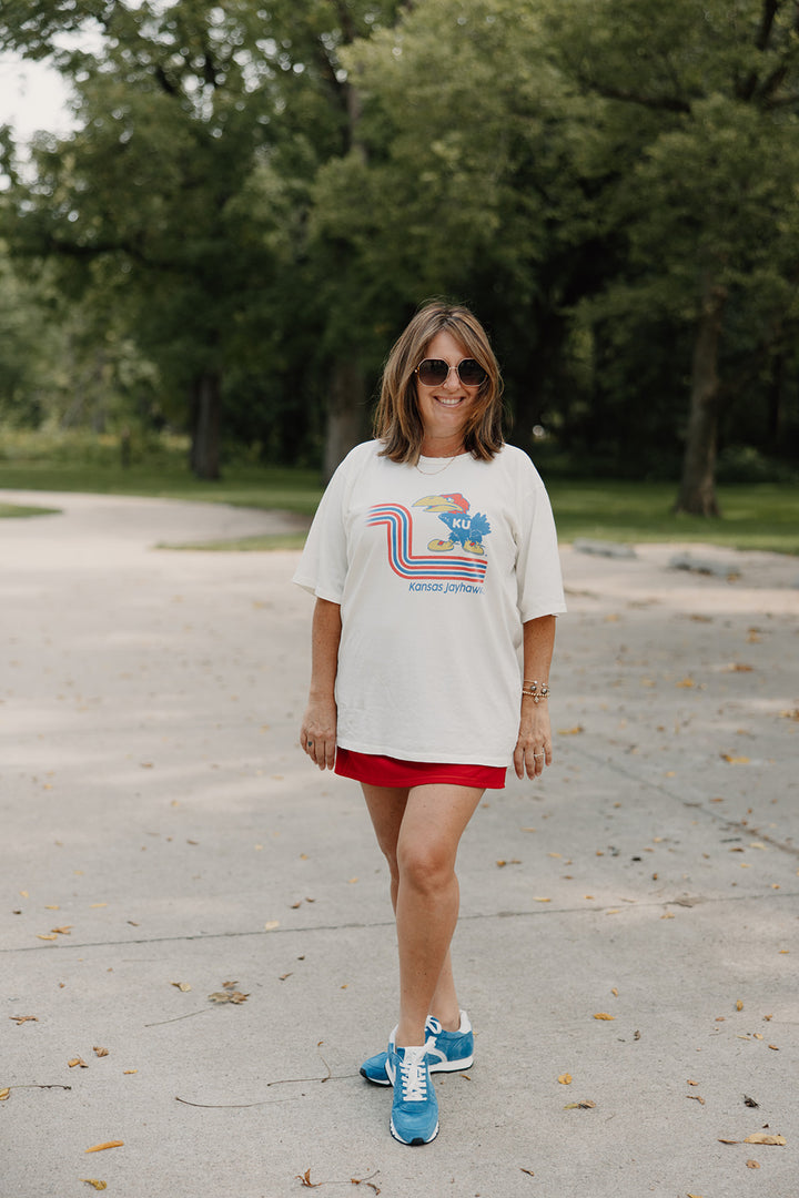 Retro x Blond Genius - KU Kansas Jay Hawks Oversized Boyfriend Dropped Shoulder Tee in Antique White