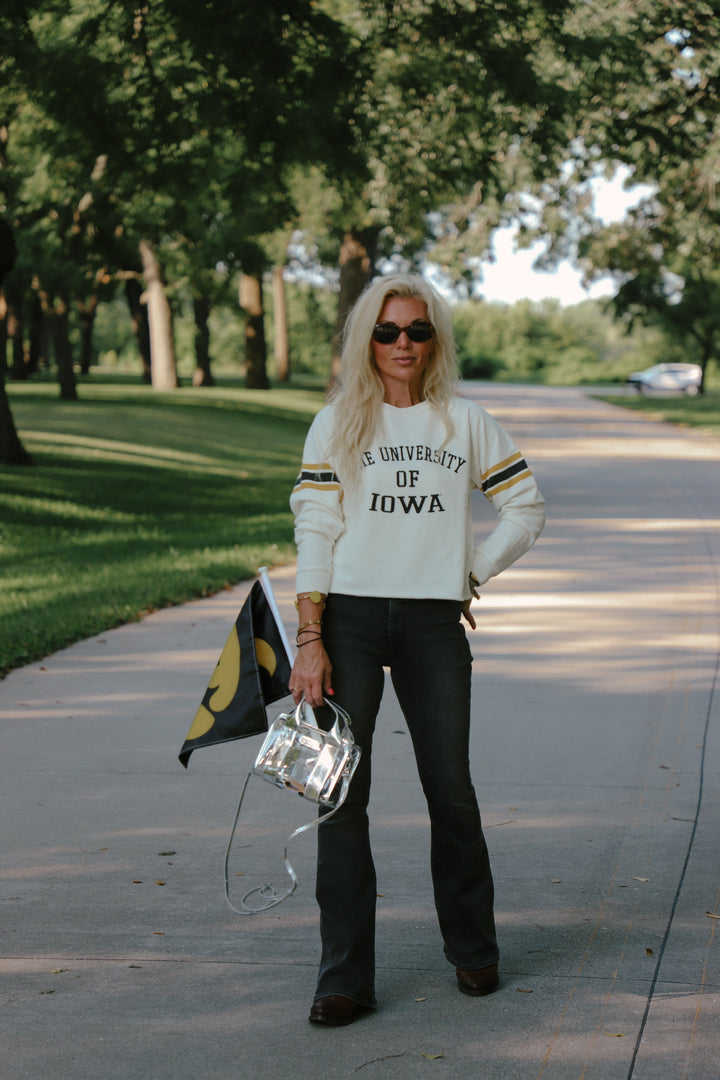 Iowa Cut-Hem Stripe Sleeve Sweatshirt in Antique White (BL932-BLIWA2196A-AWH)