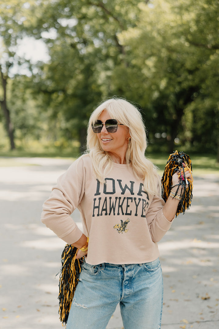 Retro Brand x Blond Genius - Iowa Hawkeyes French Terry Cut Hem Sweatshirt in Washed Camel