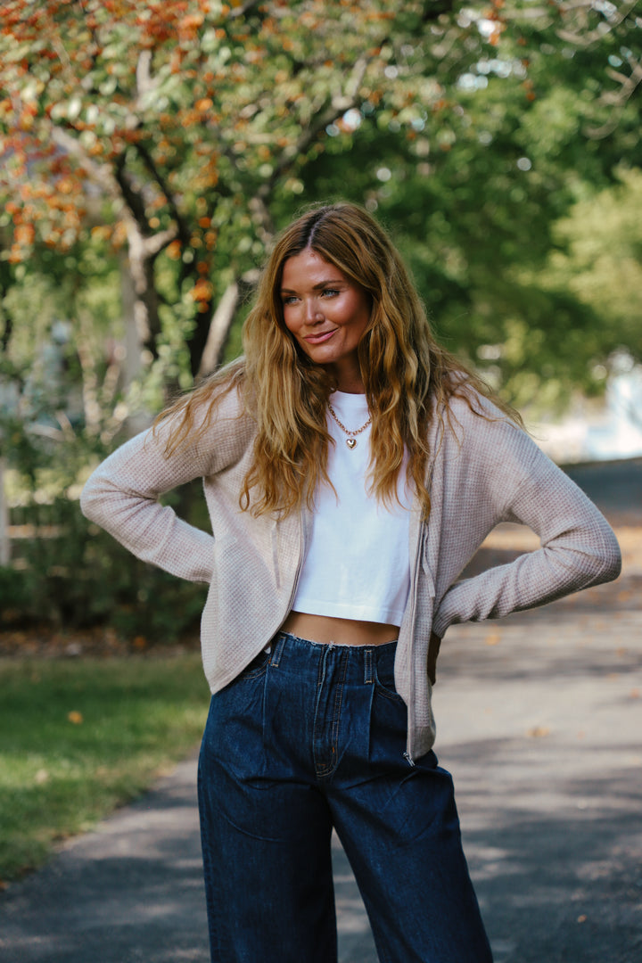 Tenlea Hunter - Cashmere Waffle Zip Hoodie in Sandwisp Heather