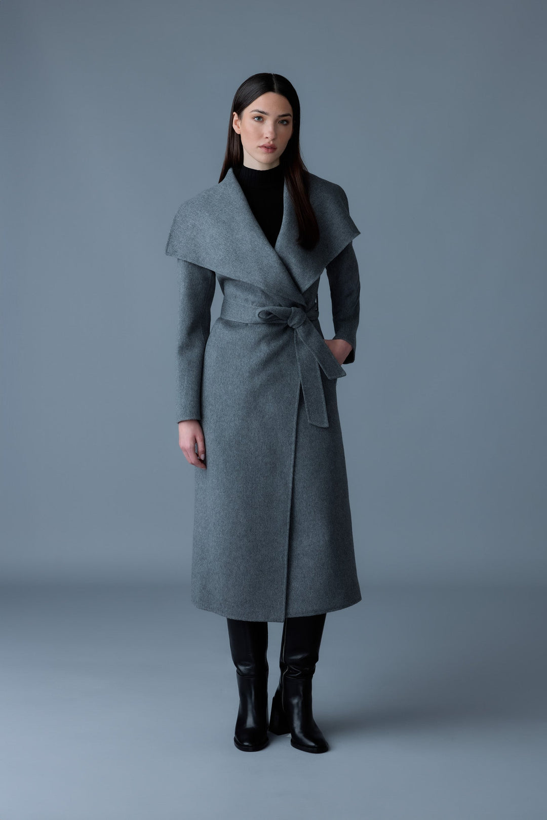Mackage Mai LST Double-Face Wool Stripe Wrap Coat in Carbon Mix