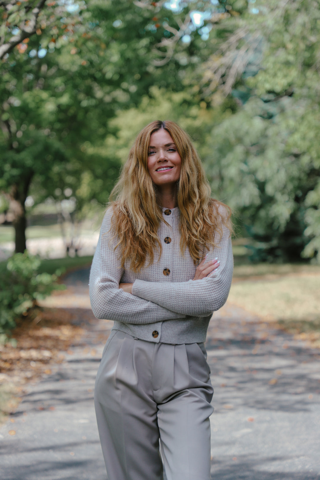 Tenlea Hunter - Cashmere Waffle Crewneck Cardigan in Sandwisp Heather Clothing - Sweaters