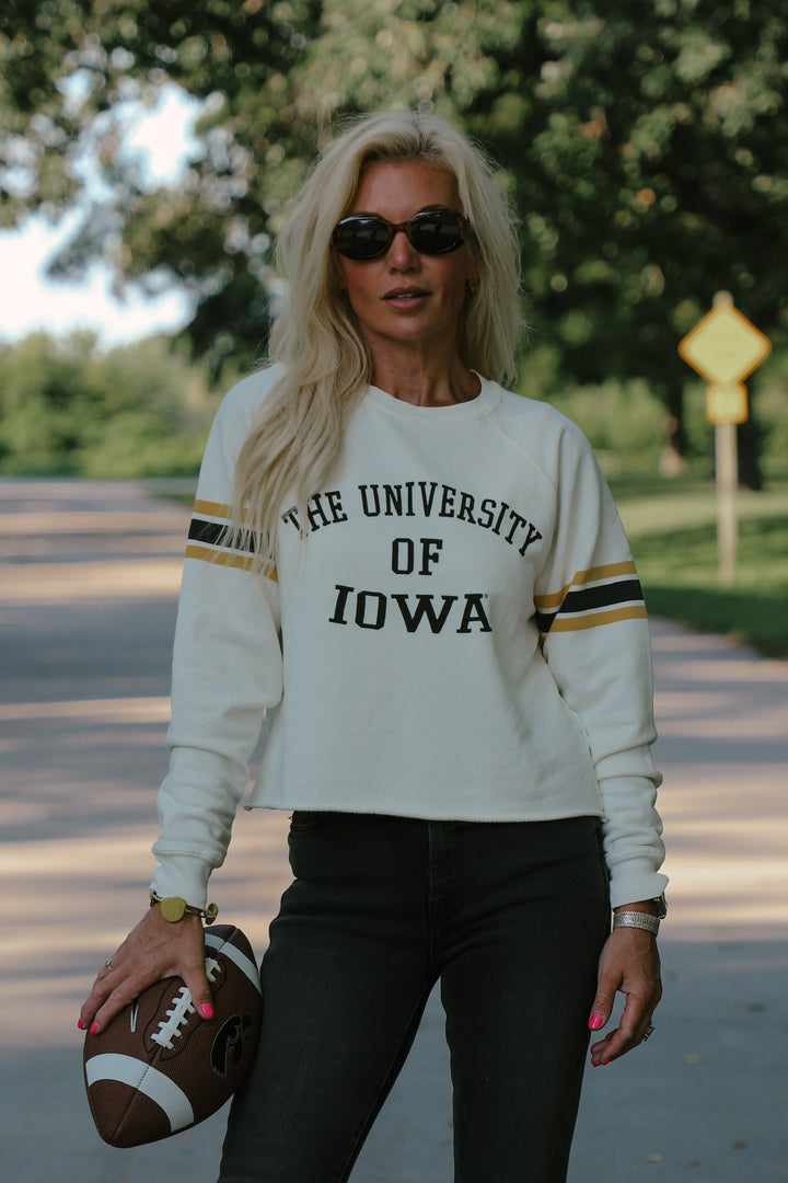 Iowa Cut-Hem Stripe Sleeve Sweatshirt in Antique White (BL932-BLIWA2196A-AWH)