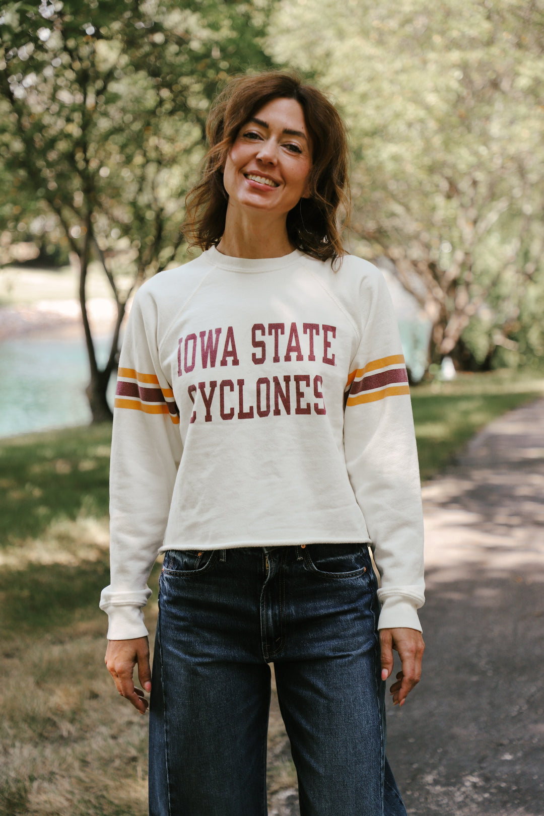 Iowa State Cut-Hem Striped Sleeve Sweatshirt (BL932-BLISU2194-AWH)