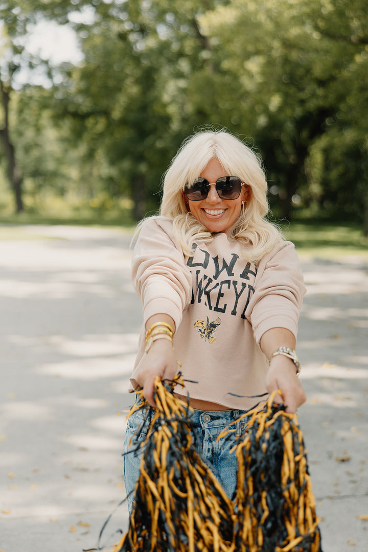 Retro Brand x Blond Genius - Iowa Hawkeyes French Terry Cut Hem Sweatshirt in Washed Camel