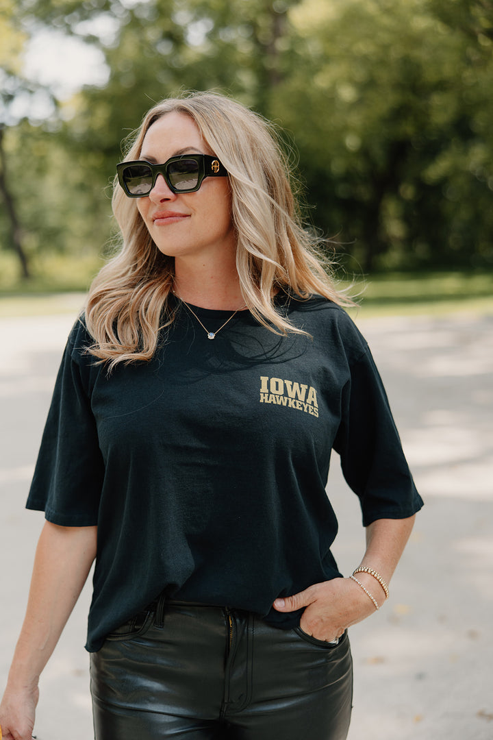 Retro Brand x Blond Genius - Iowa Hawkeyes Drop Shoulder Tee in Washed Black