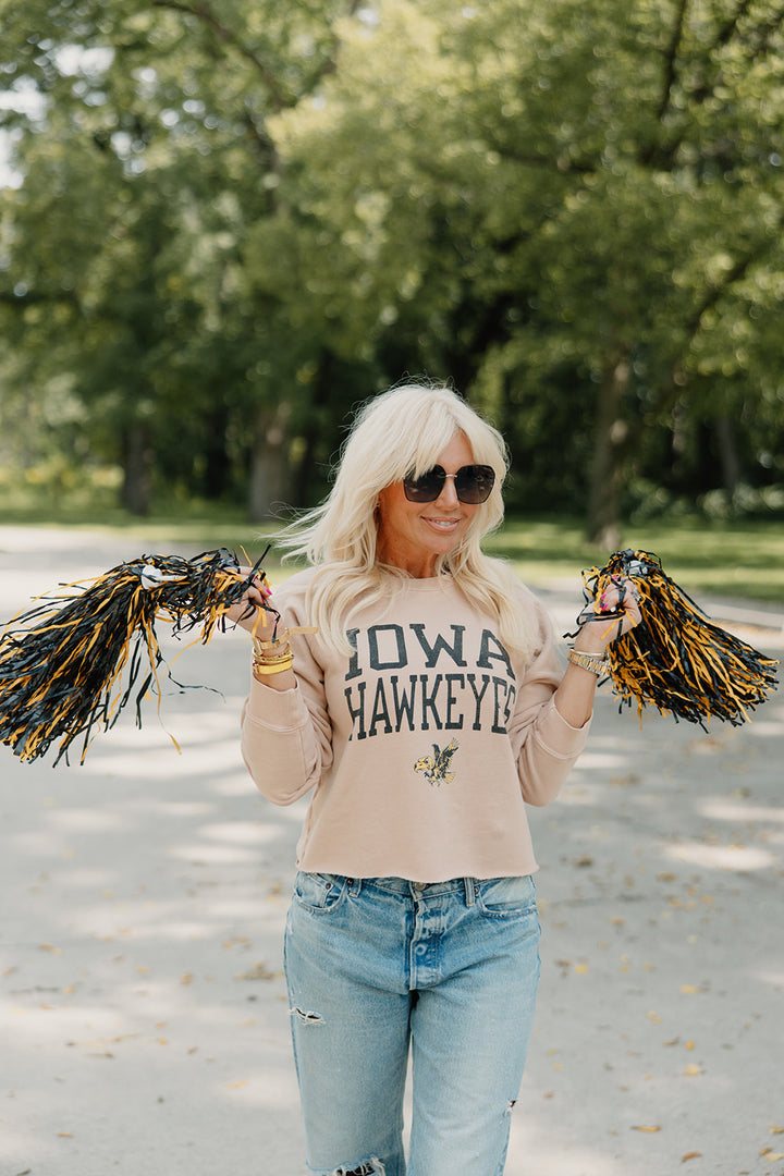 Retro Brand x Blond Genius - Iowa Hawkeyes French Terry Cut Hem Sweatshirt in Washed Camel