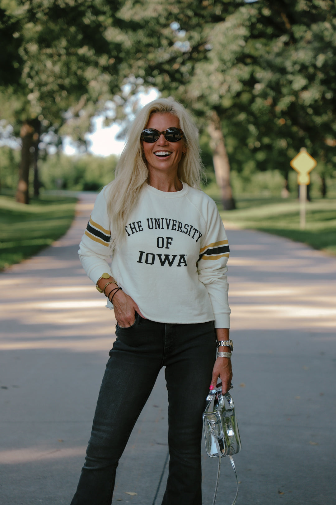 Iowa Cut-Hem Stripe Sleeve Sweatshirt in Antique White (BL932-BLIWA2196A-AWH)