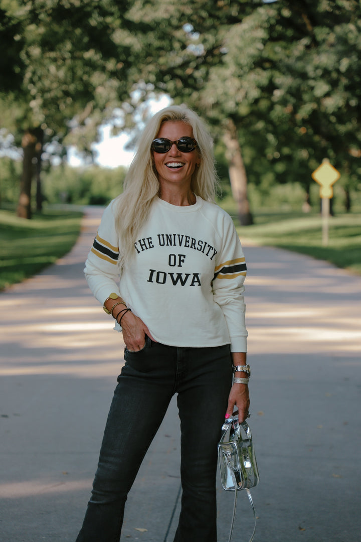 Iowa Cut-Hem Stripe Sleeve Sweatshirt in Antique White (BL932-BLIWA2196A-AWH)
