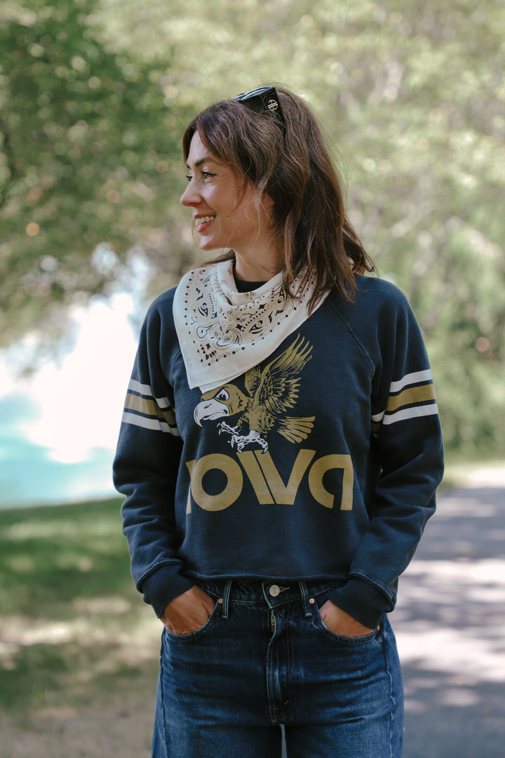 Iowa Hawkeyes Cut Hem Sweatshirt Stripes Sleeve (BL932-BLIWA2198A) Vintage Black