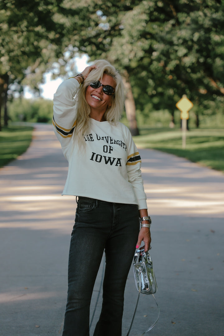 Iowa Cut-Hem Stripe Sleeve Sweatshirt in Antique White (BL932-BLIWA2196A-AWH)