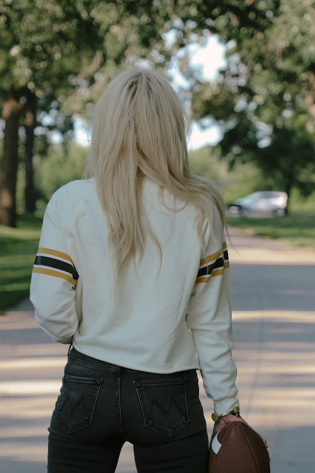 Iowa Cut-Hem Stripe Sleeve Sweatshirt in Antique White (BL932-BLIWA2196A-AWH)